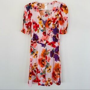 H&M Red Pink Orange Floral Dress Puff Sleeves Button Down V-Neck Nap Dress